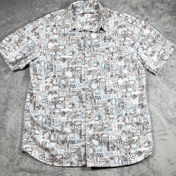 Columbia Mens XL Short Sleeve Button Front Hawaiian Shirt Blue Gray Tropical - Picture 1 of 9